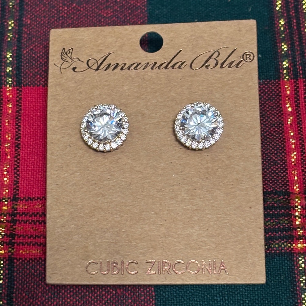 NEW Amanda Blu Silver Round Cut Cubic Zirconia Stud with Halo Earrings